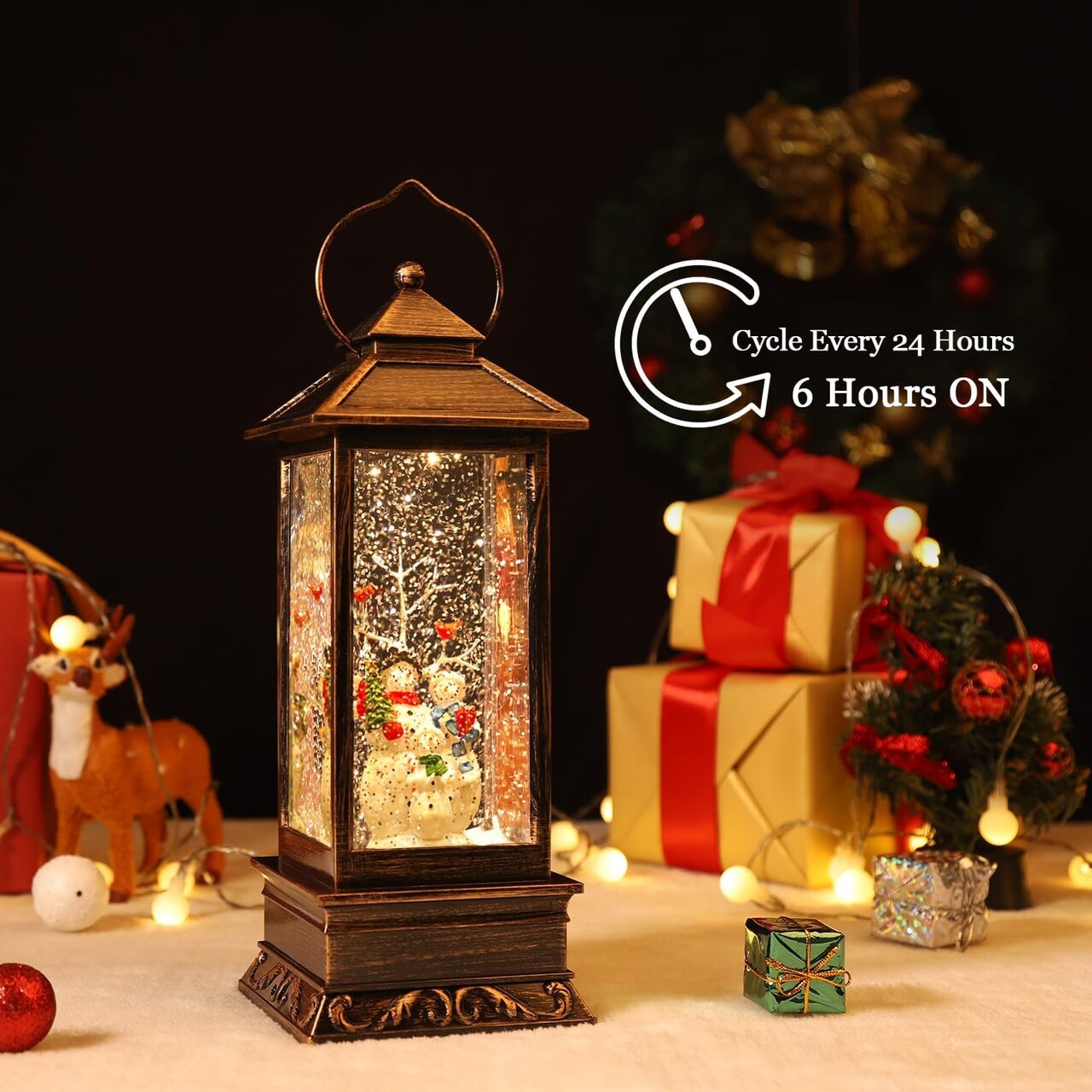 Christmas Decorations Snow Globe Lantern,Christmas Lantern with 8 Christmas Theme Music,Christmas Snow Globe Gifts Water Glittering Swirling Christmas Home Decoration(Snowman Families)